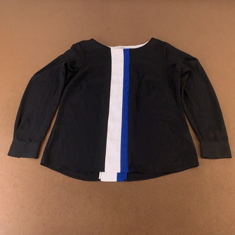 Calvin Klein Women's Size XL Black White Blue Stripe Long Sleeve Pullover Blouse